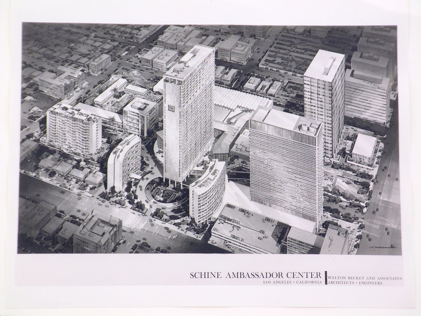 Aerial view of the model for the Schine Ambassador Center and the surrounding city area, Los Angeles, California, United States