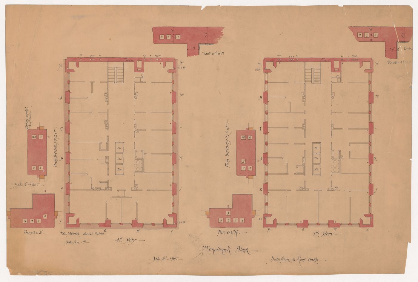 Monadnock Block, Chicago: Fourth and fifth floor plans with plans for the piers showing the location of pipes