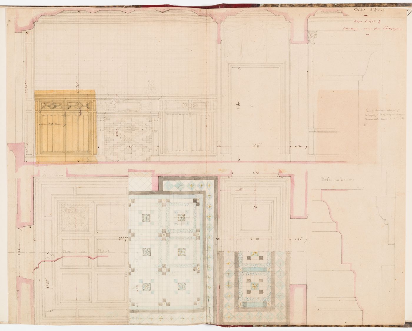 Interior elevation, reflected ceiling plan, plan for the floor tile pattern, and moulding profiles for the "salle sur la cour" or the "salle d'armes" on the second floor, Hôtel Soltykoff