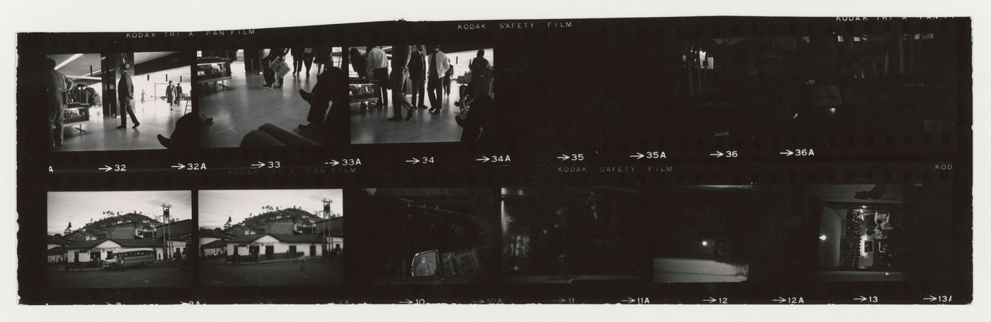 Strip of contact sheet of people at a shop and landscape views, South America