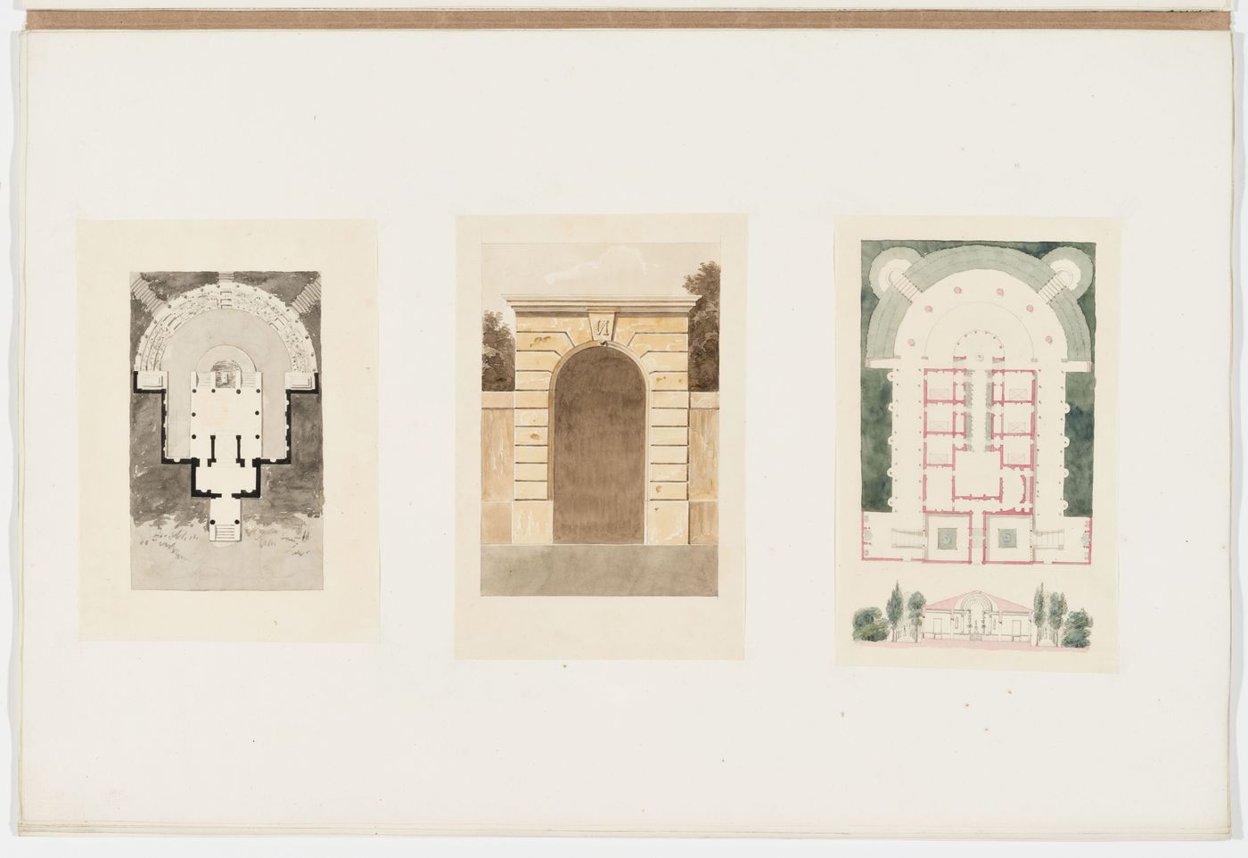 Plan for an unidentifed building; Elevation for a portal; Plan and section for an unidentified building