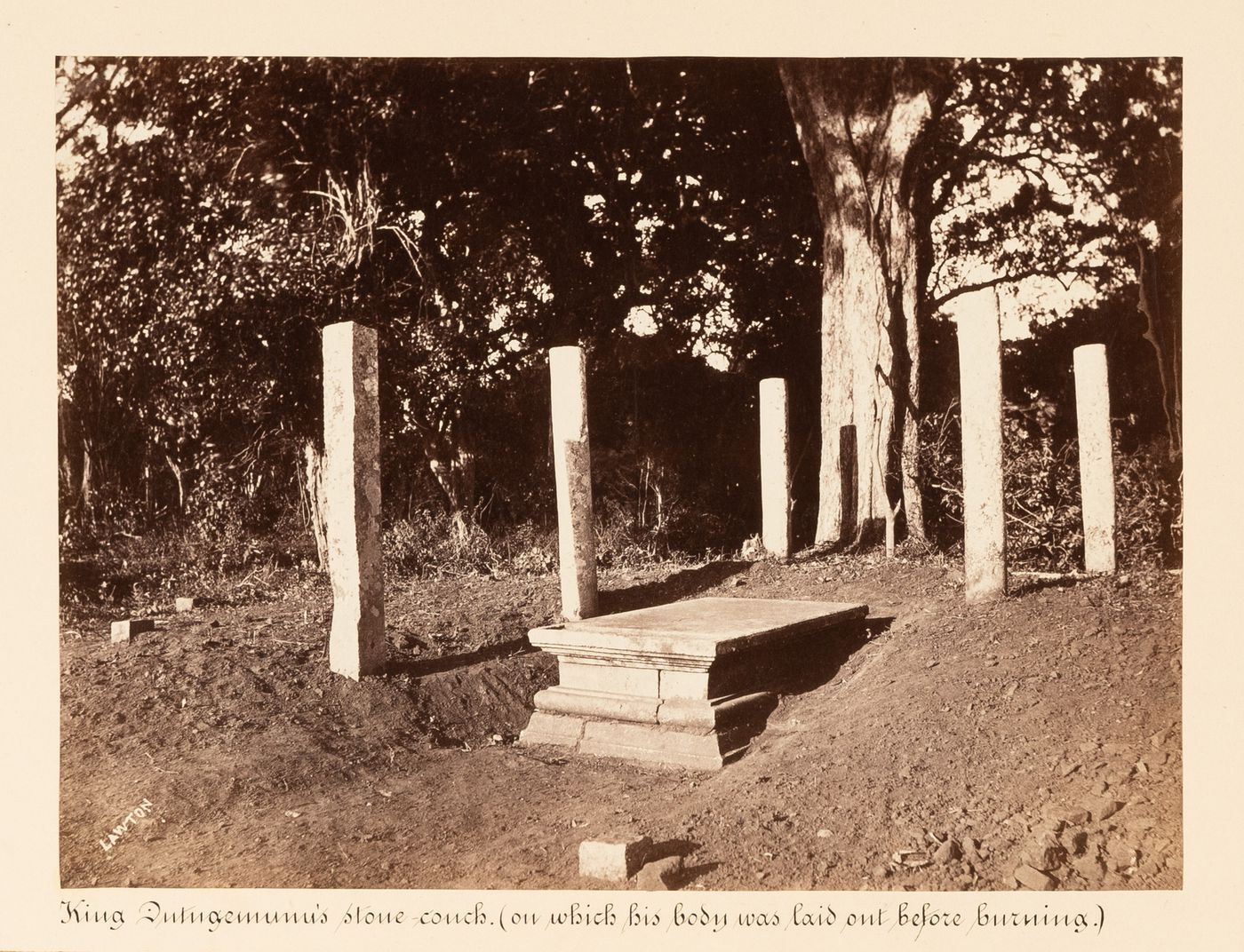 View of a stone pyre surrounded by columns, King Mahasen's Palace, Anuradhapura, Ceylon (now Sri Lanka)