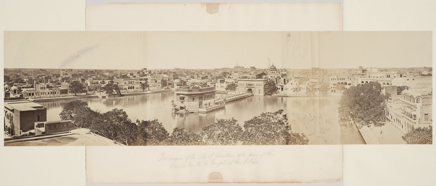 Panorama of Amritsar showing the Golden Temple (also known as the Harmandir), its pool (also known as the Amrit Sarowar or Pool of Nectar) and the Akhal Takht, Darbar Sahib temple complex, India