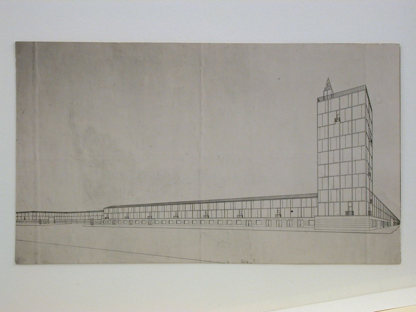 Photograph of a line drawing for the principal façade and tower of the Ausstellungsgebäude [Art and Exhibition Hall] for Karlplatz, Vienna, Austria