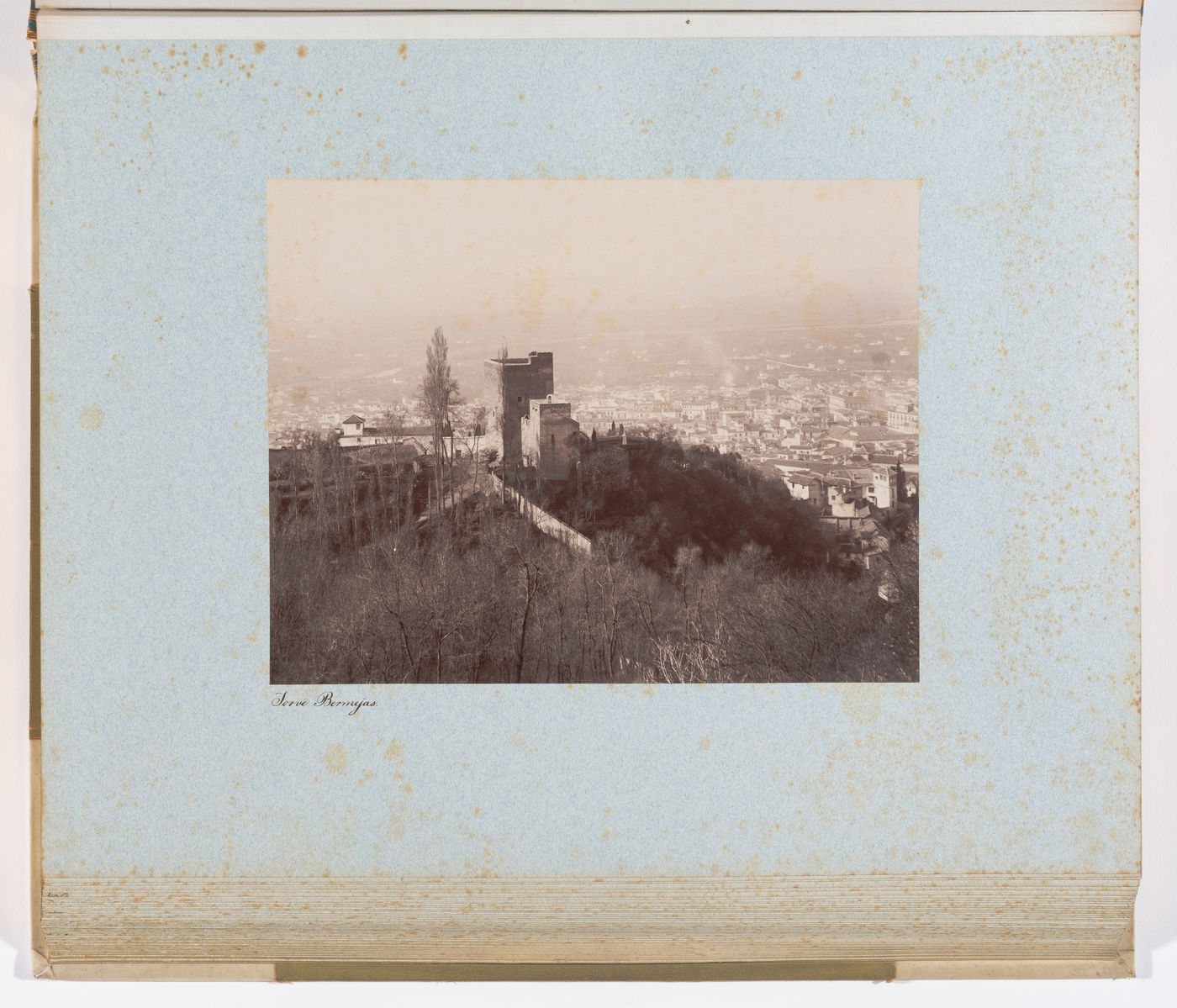 View of the Bermejas tower and Granada from the Place of the Cisterns, Alhambra, Granada, Spain
