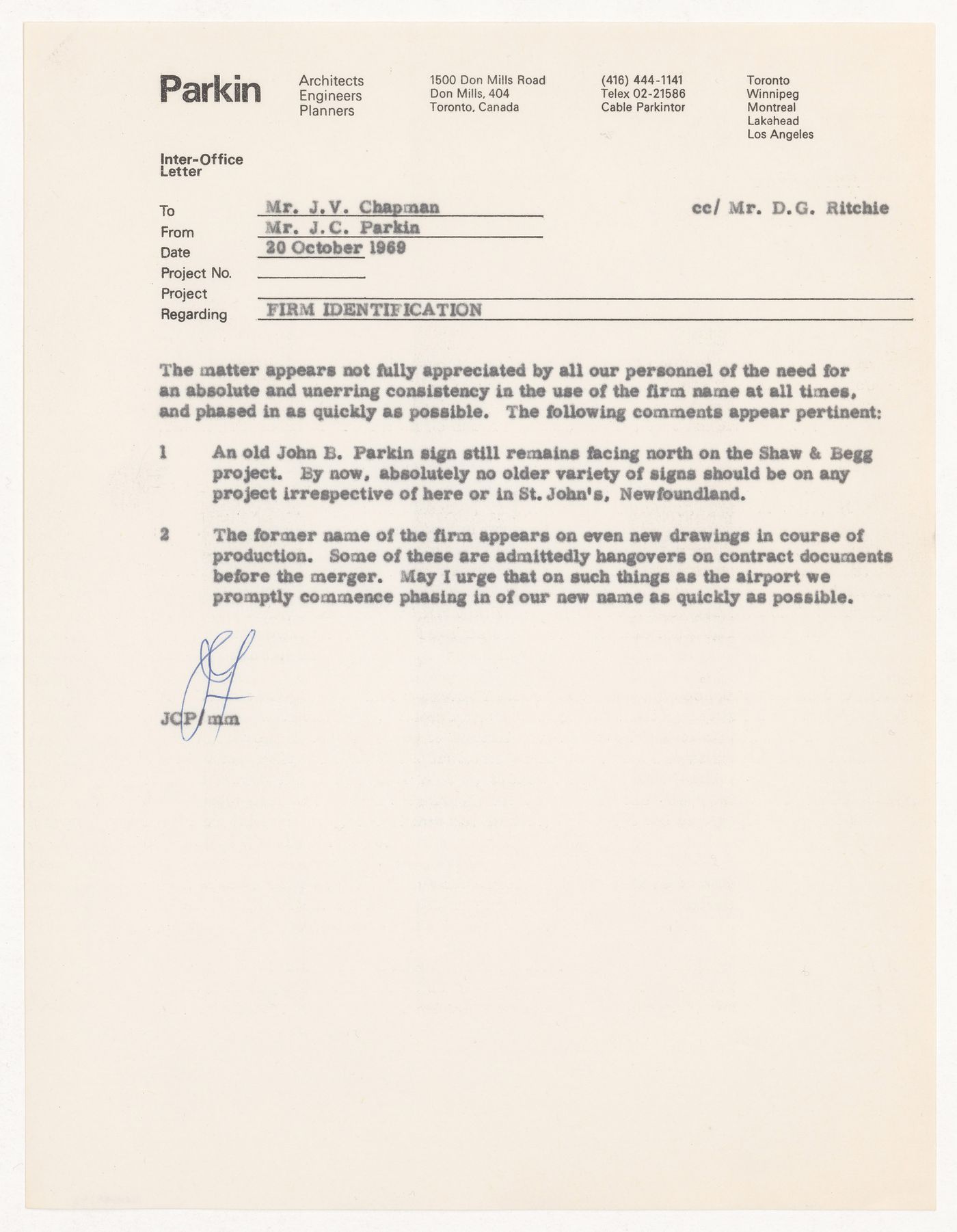 Internal memo from John C. Parkin to J.V. Chapman about firm identification