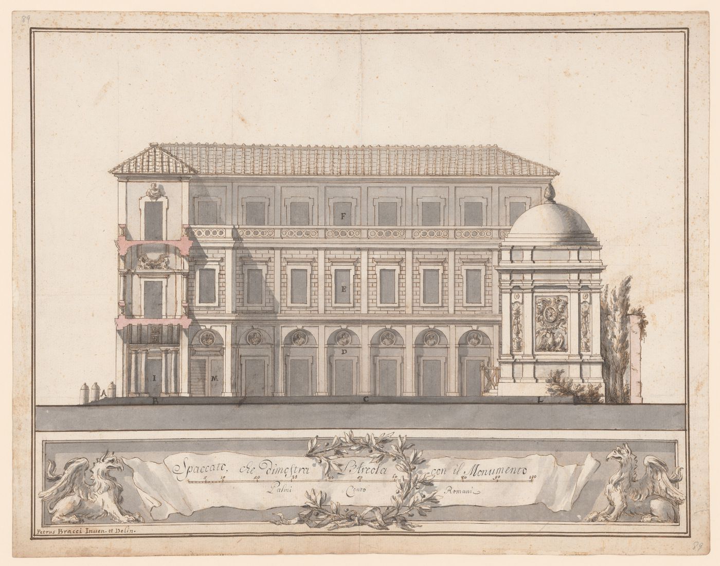 Elevation for the courtyard wall of the reconstruction of the Pelagia family mausoleum, with a section through the front rooms
