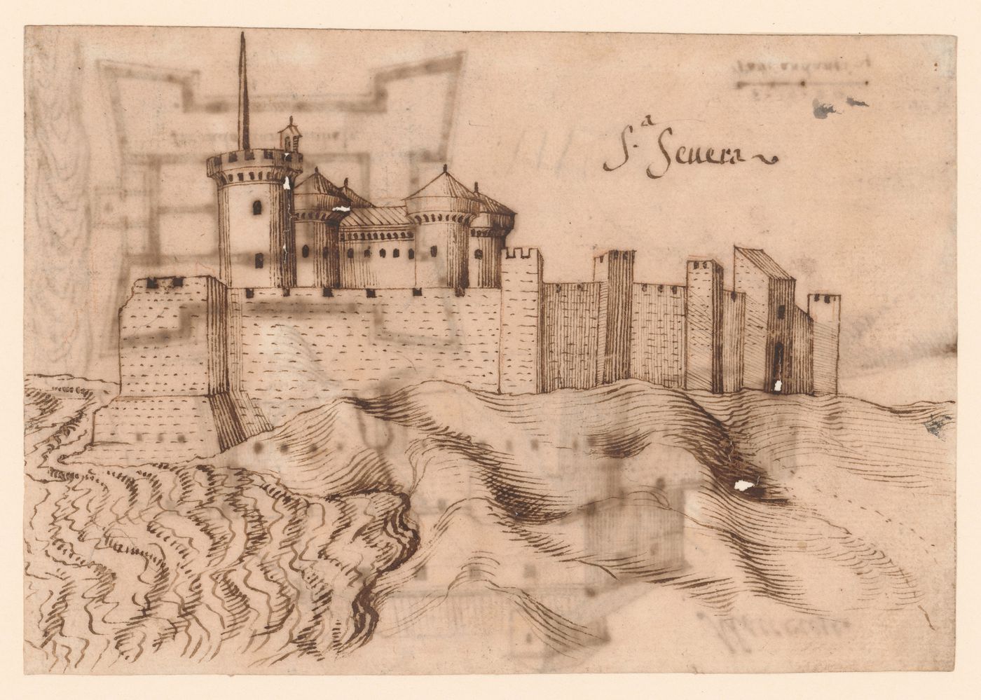 View of the Castello di Maccarese with a plan of the second "piano nobile"; verso: View of the Castello di Santa Severa