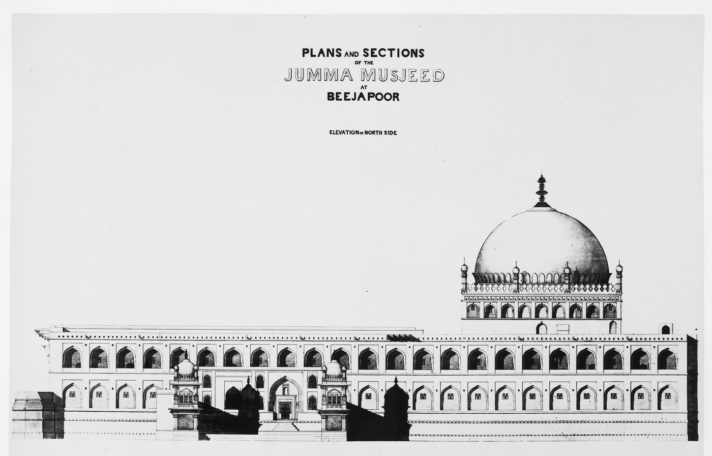 Photograph of an elevation of the north lateral façade of the Jumma Mosque, Beejapore (now Bijapur), India