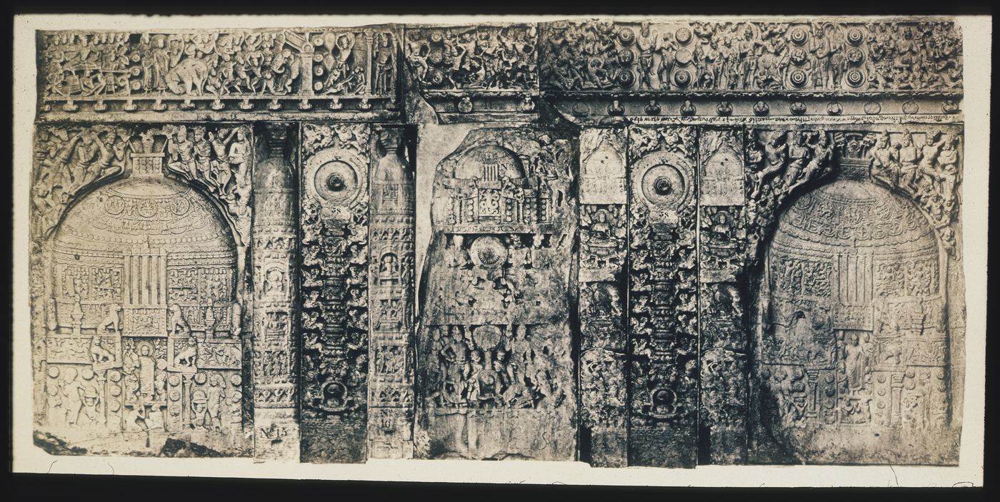 Photograph of a photograph of a carved fragment from the platform of the Great Stupa, Amaravati, India