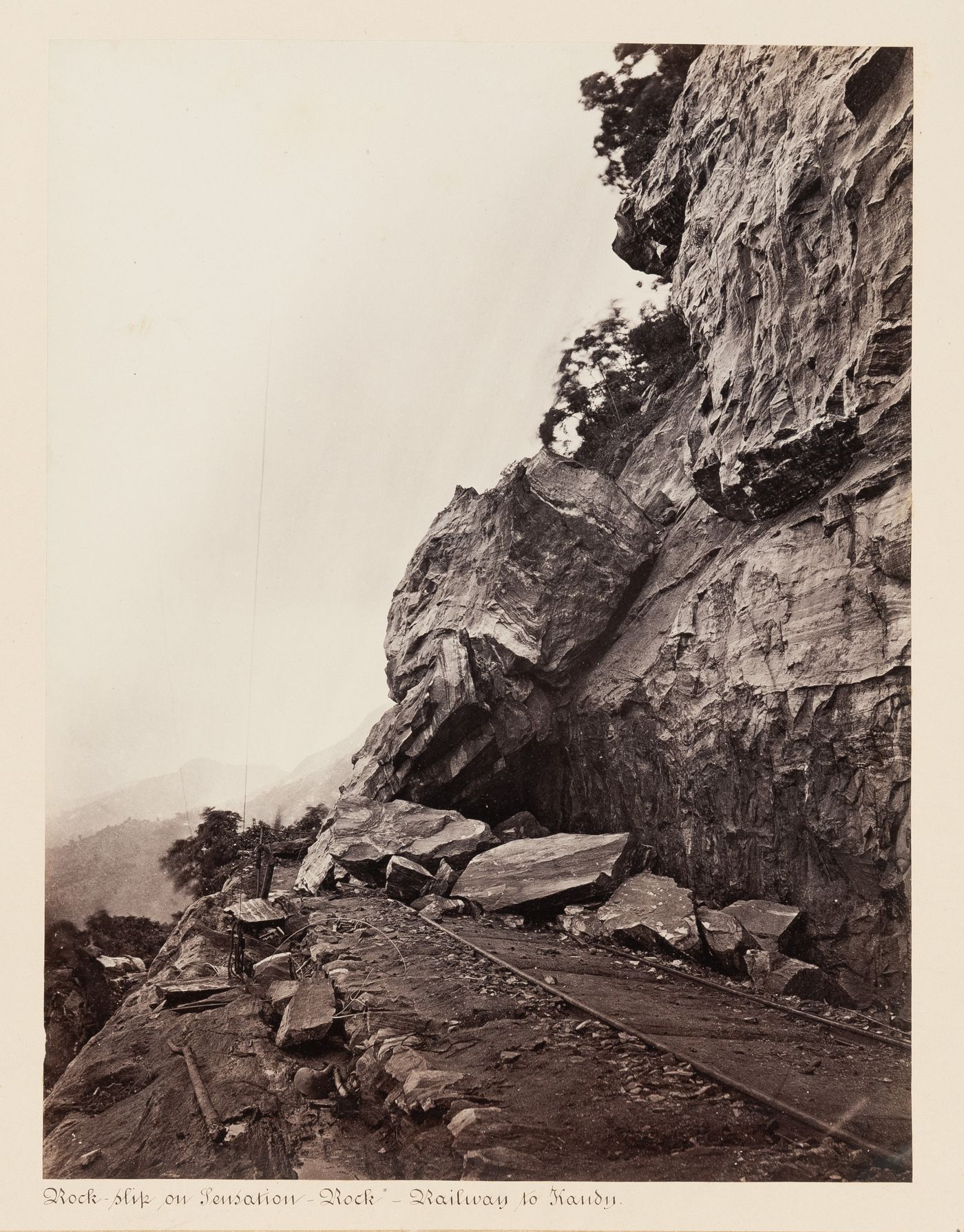 View of a rock-slip on the Colombo-Kandy Railway, Sensation Rock, near Balana, Ceylon (Sri Lanka)