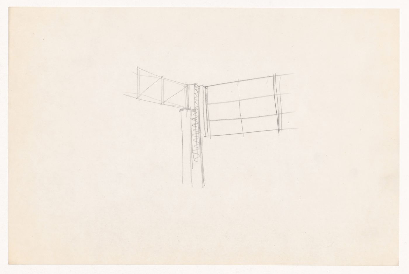 Perspective sketch for corner showing truss, column and wall for the Gymnasium