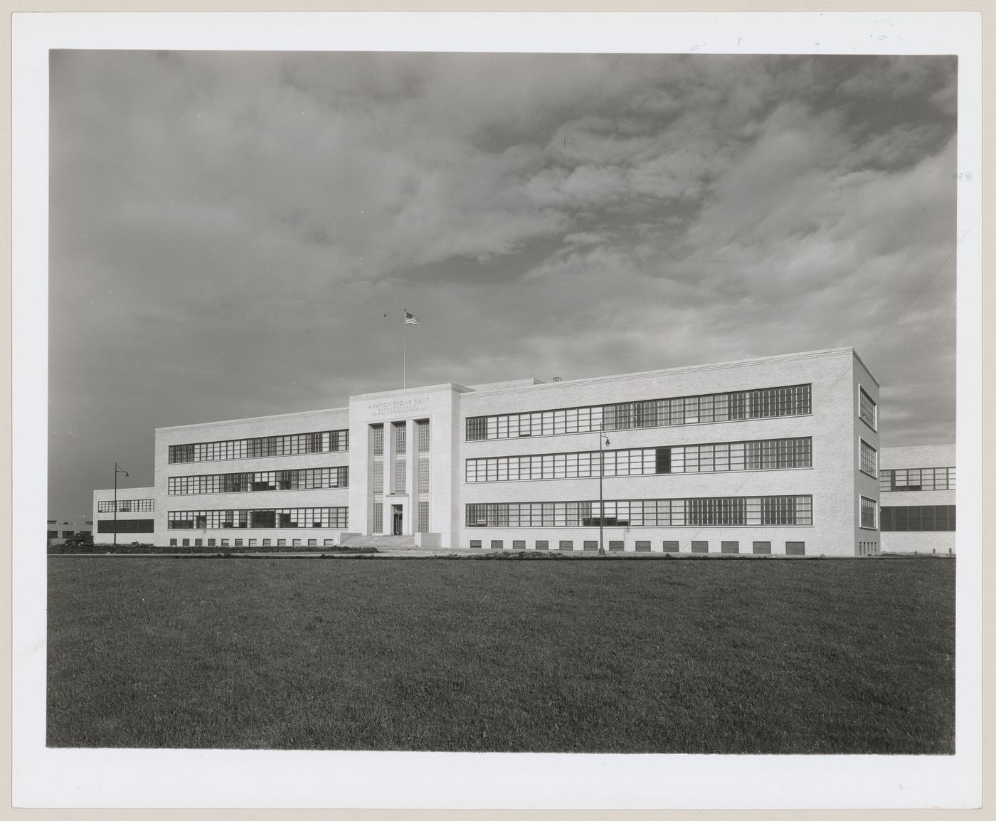 View of the south façade of the Administration Building, General Motors Corporation Buick division Airplane Engine Assembly Plant, Melrose Park, Illinois