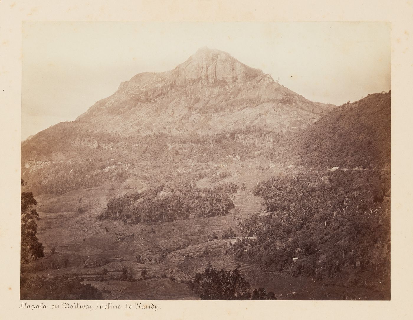 View of a mountain and valley showing the Colombo-Kandy Railway, Allagalla, Ceylon (now Sri Lanka)