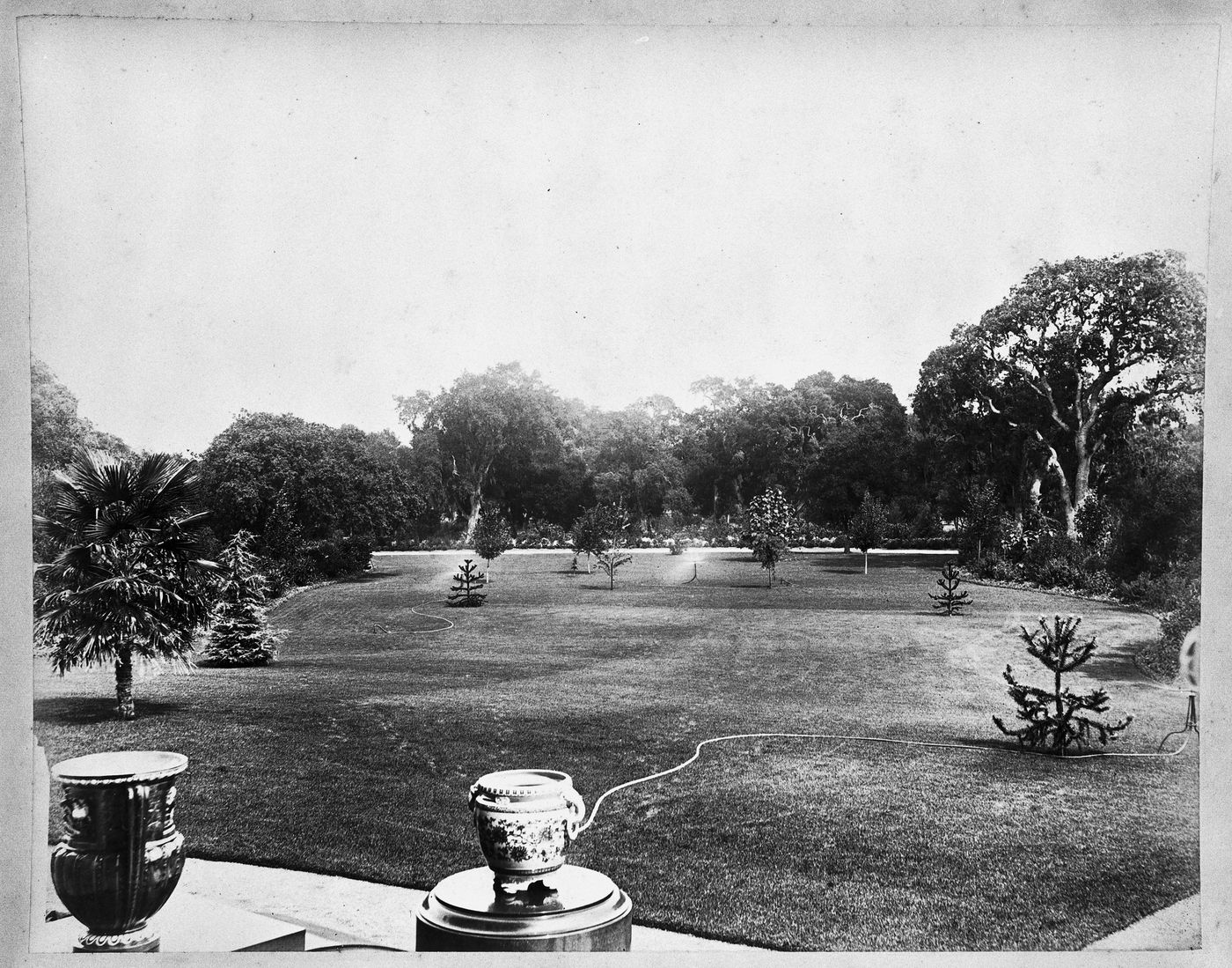 View of the lawn from stone steps, Linden Towers, James Clair Flood Estate, Atherton, California