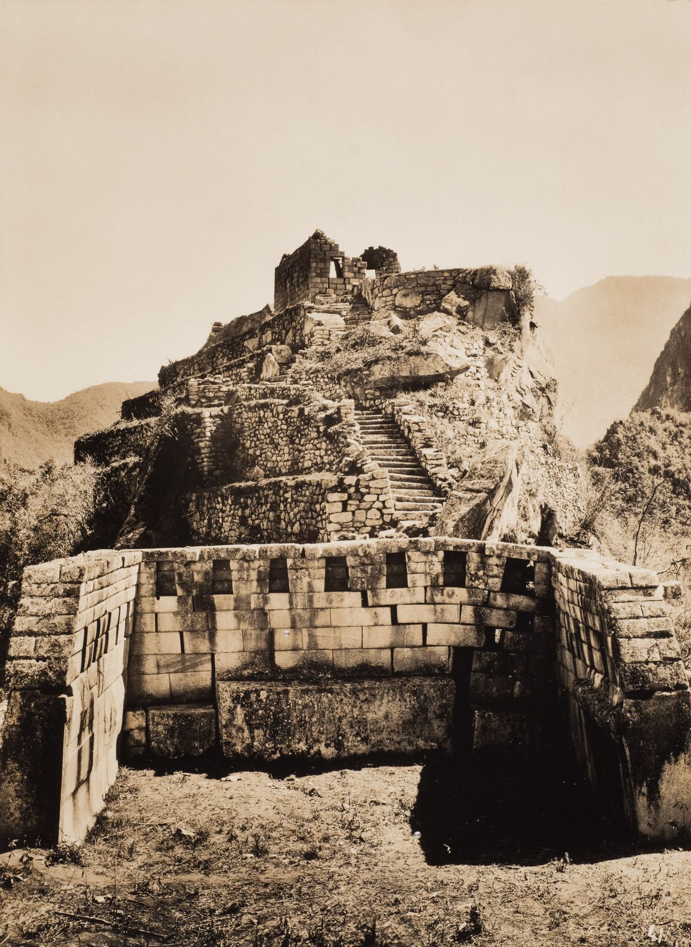 View of the Principal Temple with Intihuatana Hill and the Little Temple in the background, Sacred Plaza, Machu Picchu, Peru
