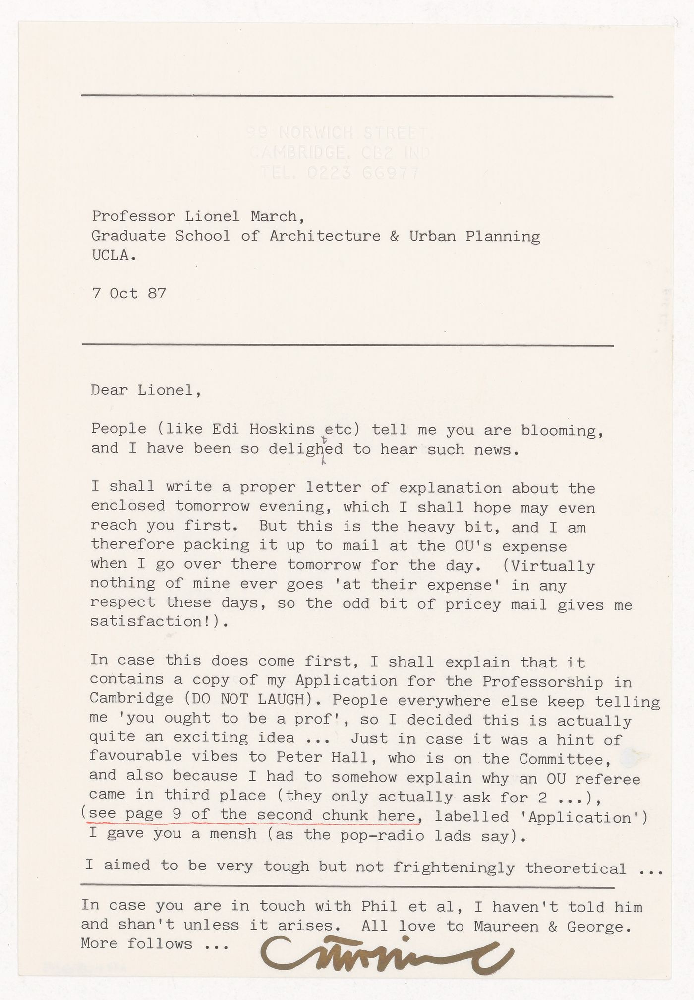 Letter from Catherine Cooke to Lionel March about Cooke's application to professorship at Cambridge University