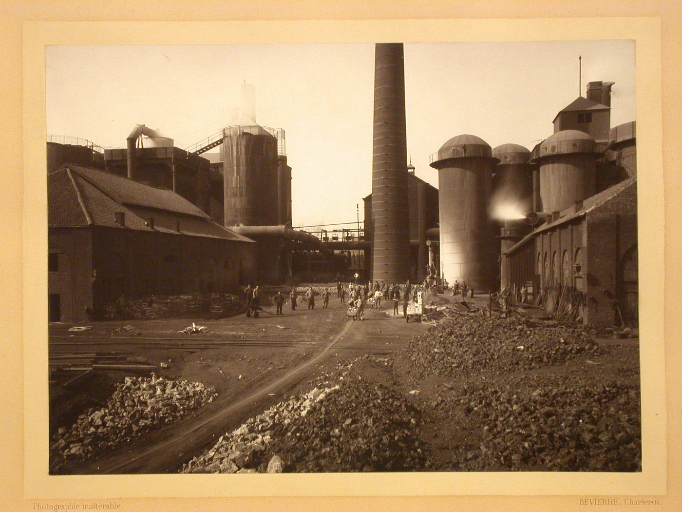 Blast furnace with workers, exterior, Belgium ?