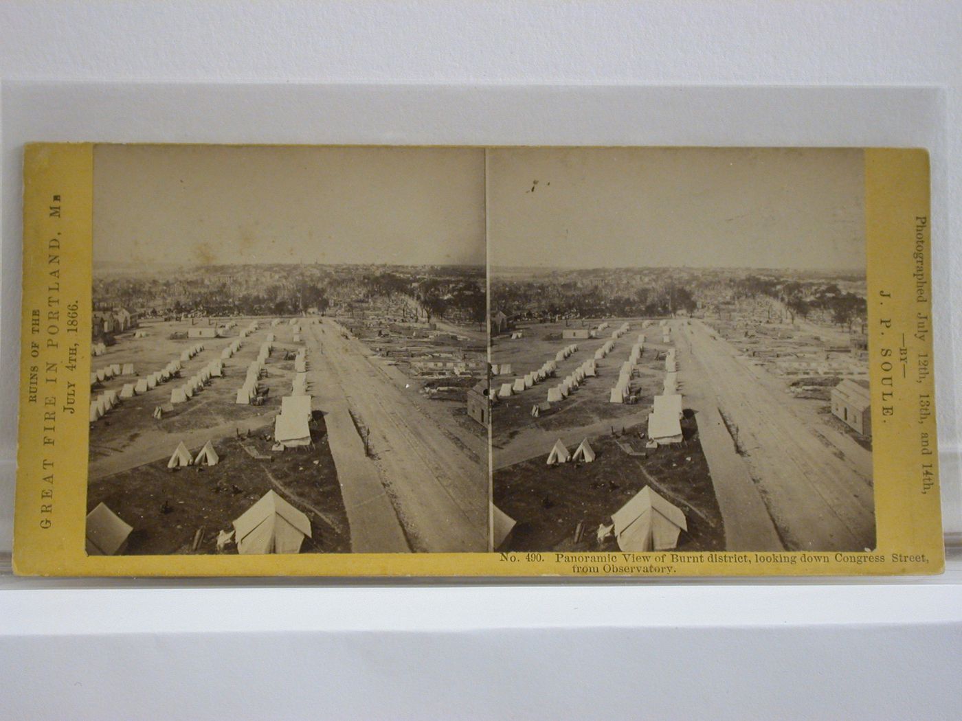 Temporary shelters along Congress Street, as seen from the Observatory, after the Great Fire on July 4, 1866 in Portland, Maine, United States