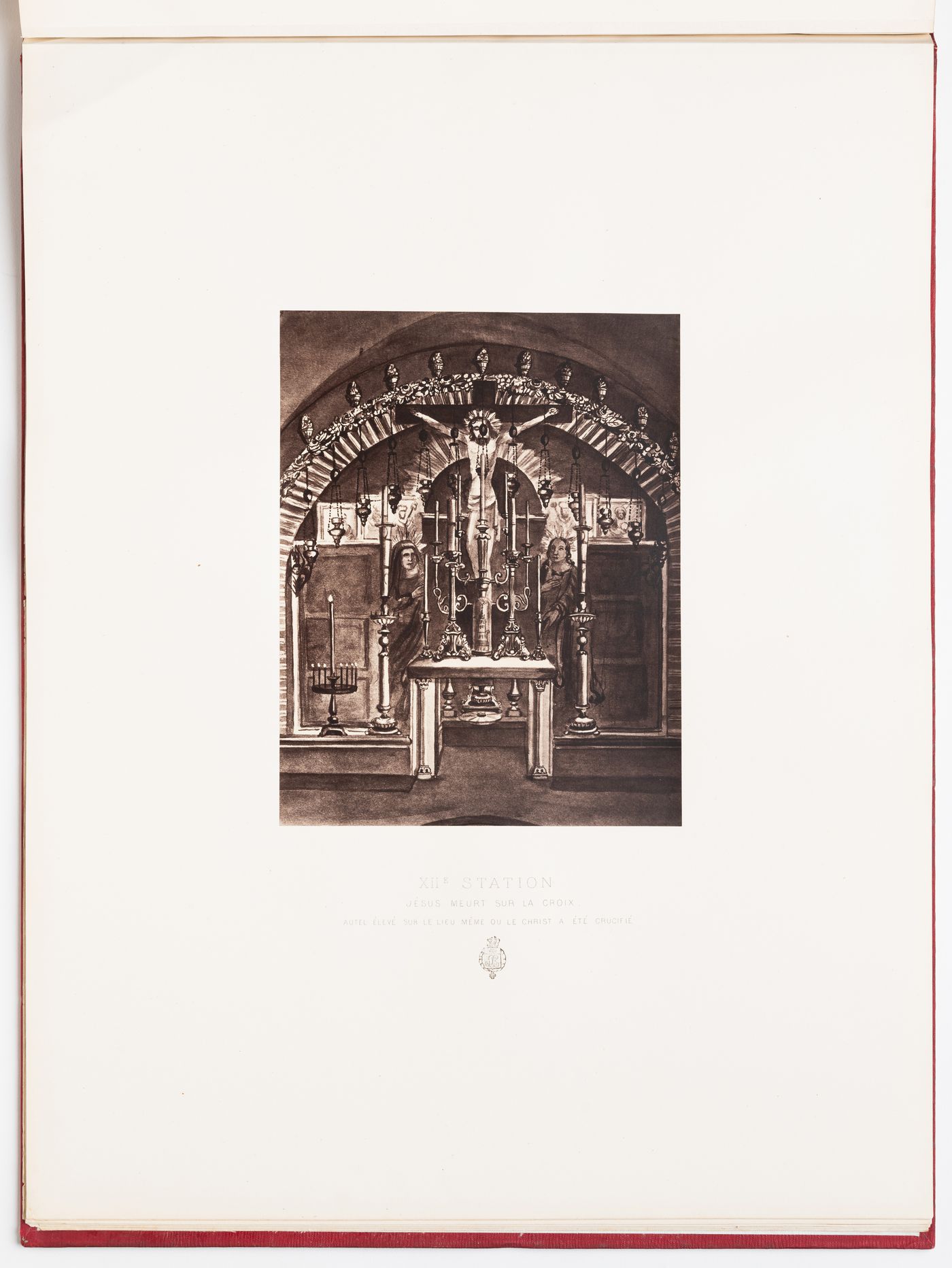 Photograph of a rendering of the Twelfth Station of the Cross showing the altar which was constructed on the place where Jesus died, Jerusalem, Ottoman Empire (now in Israel)