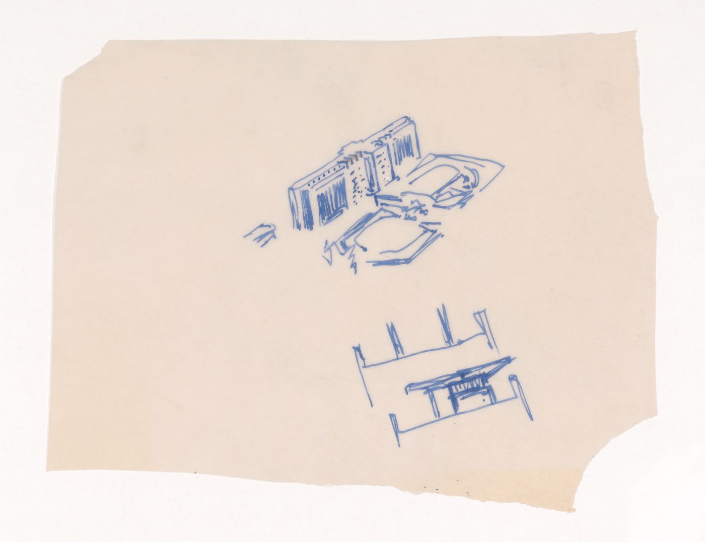 Competition drawing showing a bird's-eye perspective for the principal façade and sections for an observation deck for the Shell Building, The Hague, Netherlands