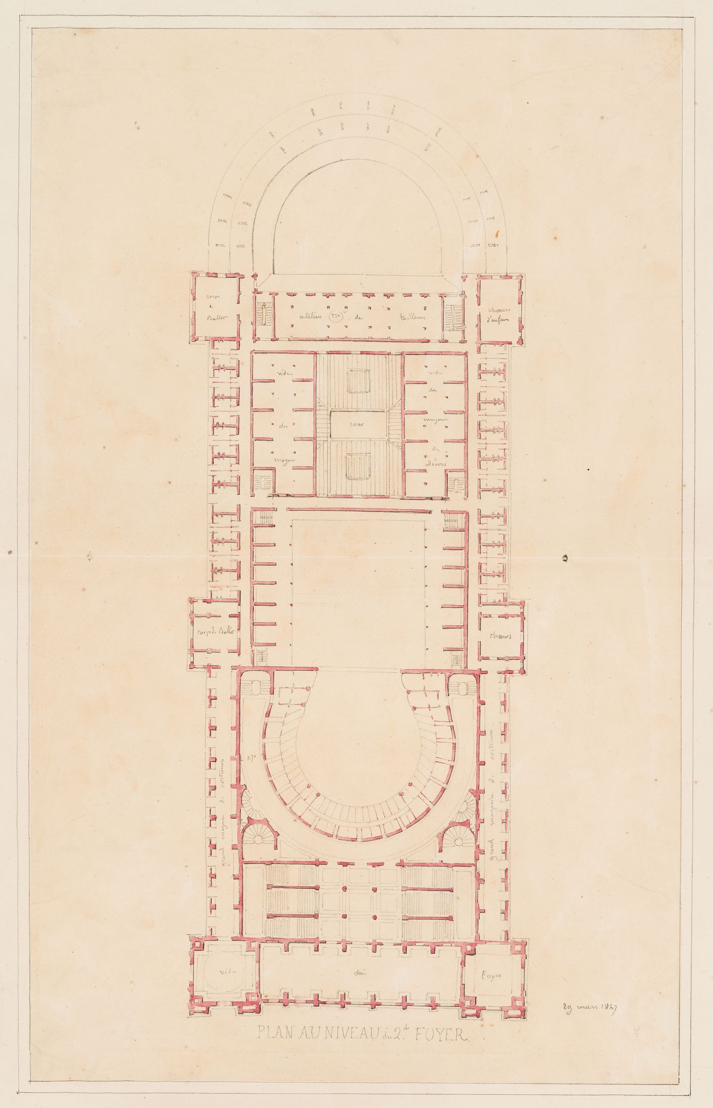 Plan for the "niveau au 2e foyer" for an opera house for the Académie royale de musique