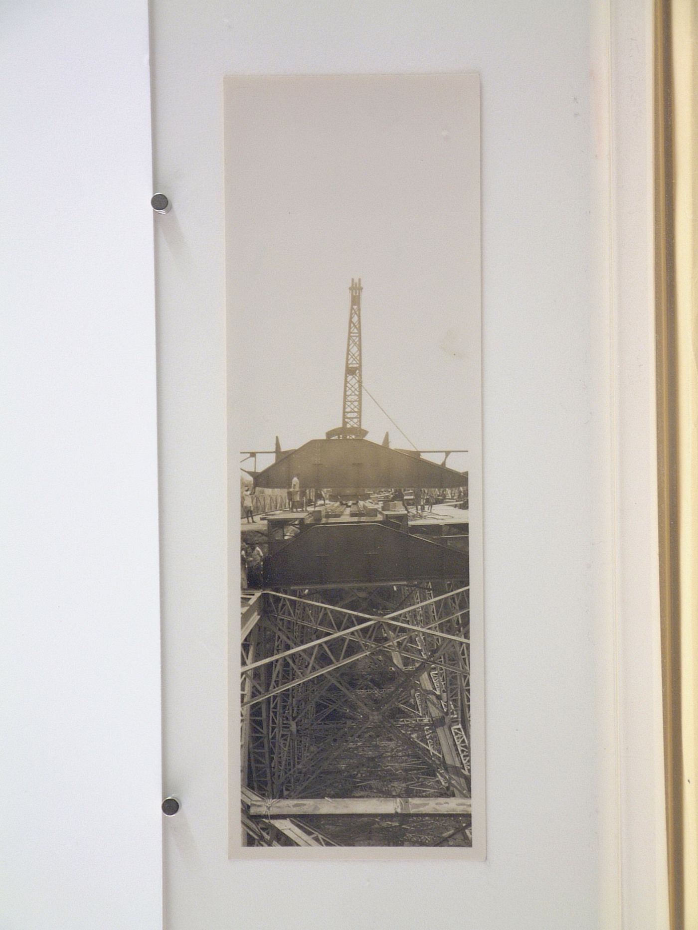 Vertical panoramic view of construction of the railway on Victoria Falls Bridge, Zambezi River, crossing the border between Victoria Falls, Zimbabwe and Livingstone, Zambia