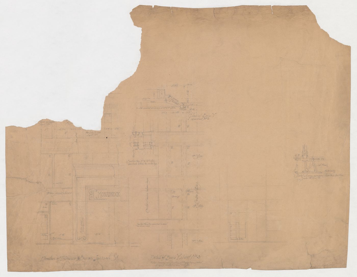 Monadnock Building, Chicago: Partial elevations for the Jackson Street entrance and bay windows, with profile, partial plan, elevation and sections for bay Y and detail for floor construction for the sixteen-storey steel frame project