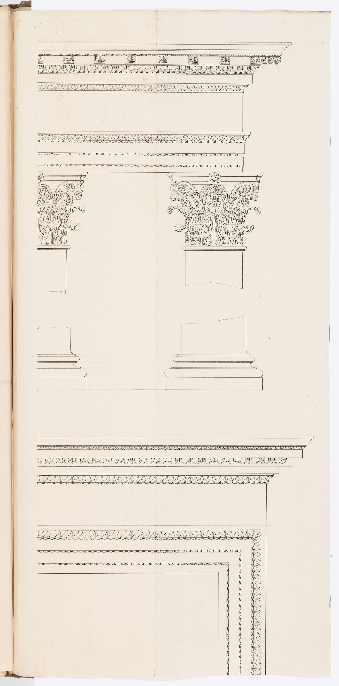 1800 Grand Prix Competition: Elevations of a cornice, capitals and base and a panel for an École nationale des beaux-arts