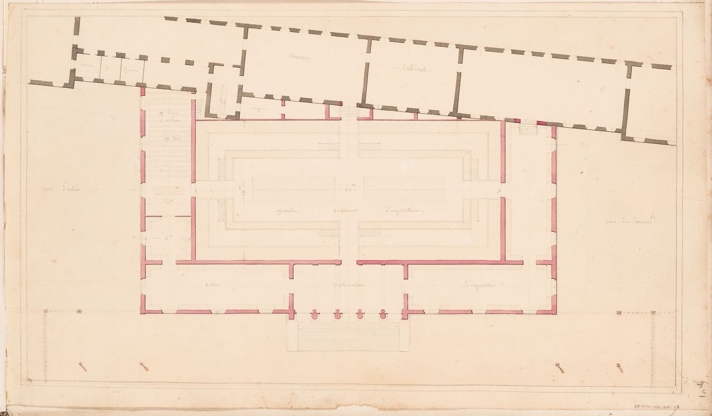 Project for a Galerie de zoologie with a single row of galleries and a central gallery, 1838: Ground floor plan