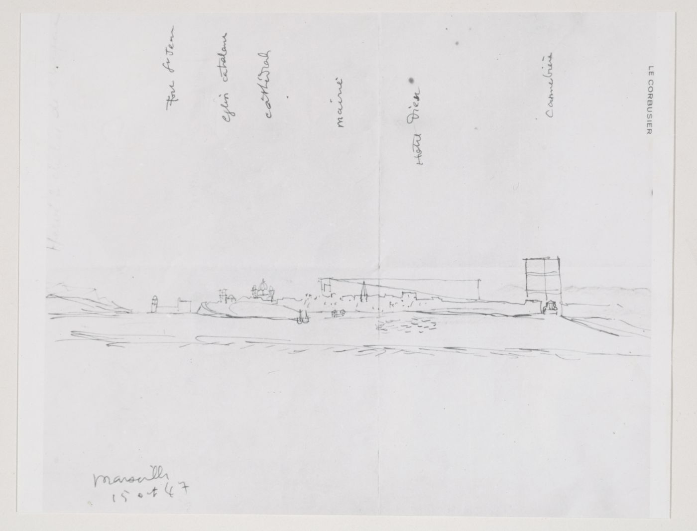 Photograph of a sketch of Marseille showing Unité d'habitation in relation to other buildings including Fort Saint-Jean, the église Catalane, the cathedral, the Mairie, the Canebière quarter and Hôtel-Dieu, France