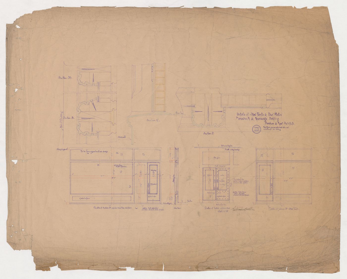 Monadnock and Kearsarge Buildings, Chicago: Elevations for the storefronts and vestibule doors and plan and sectional details for the storefronts and doorplates