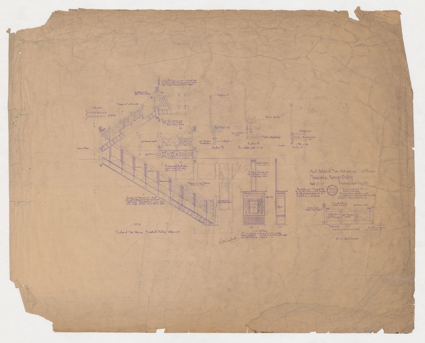 Monadnock and Kearsarge Buildings, Chicago: Elevation and sectional details for the main stairs, elevation for the stairs from first floor to basement and elevations for mail boxes