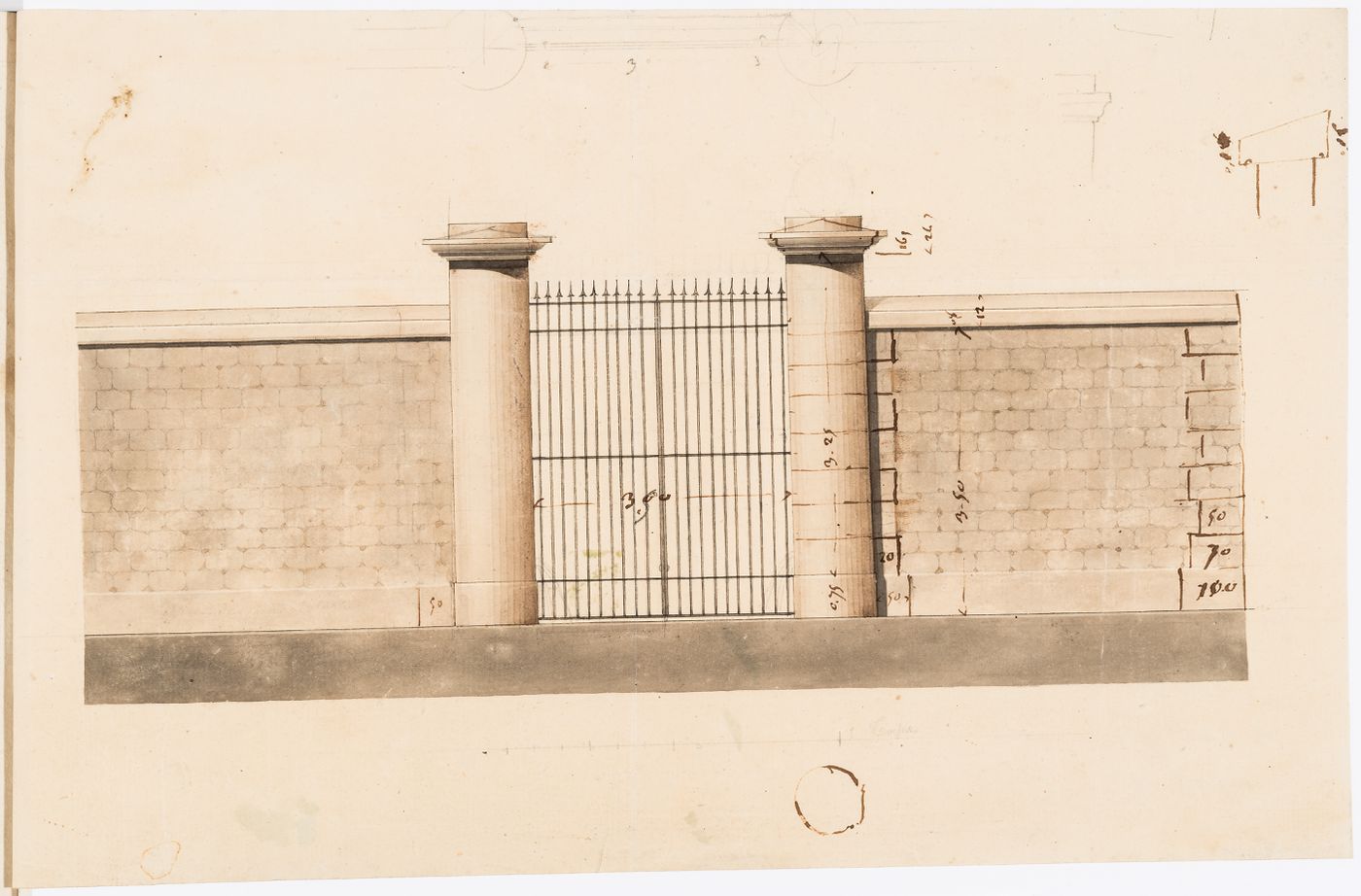 Elevation for a wall and gate, probably for Domaine de La Vallée