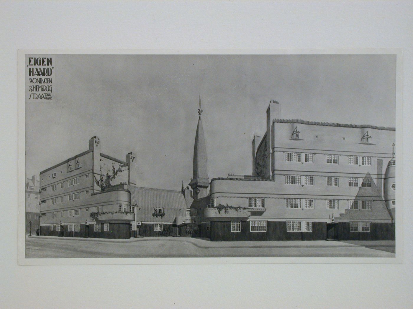 Photograph of a rendering of the north façade of Block 3 (also known as Het Schip [The Ship]) showing the tower and oriel windows, Eigen Haard Housing Estate, Hembrugstraat, Spaarndammerbuurt, Amsterdam, Netherlands