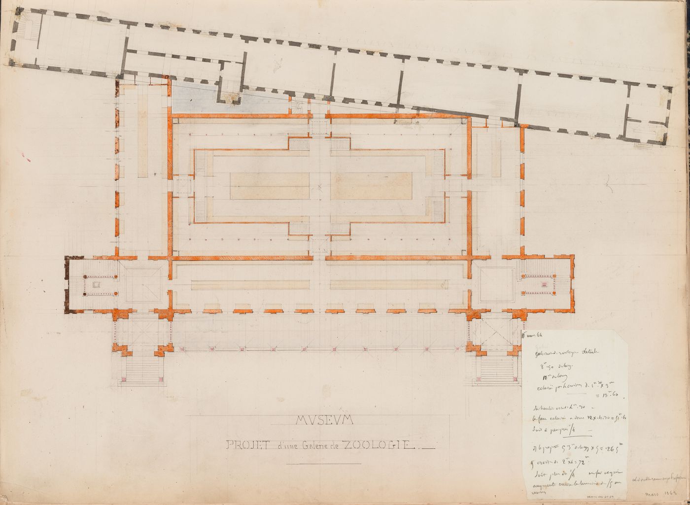 Project for a Galerie de zoologie, 1862: Ground floor plan with an attached note