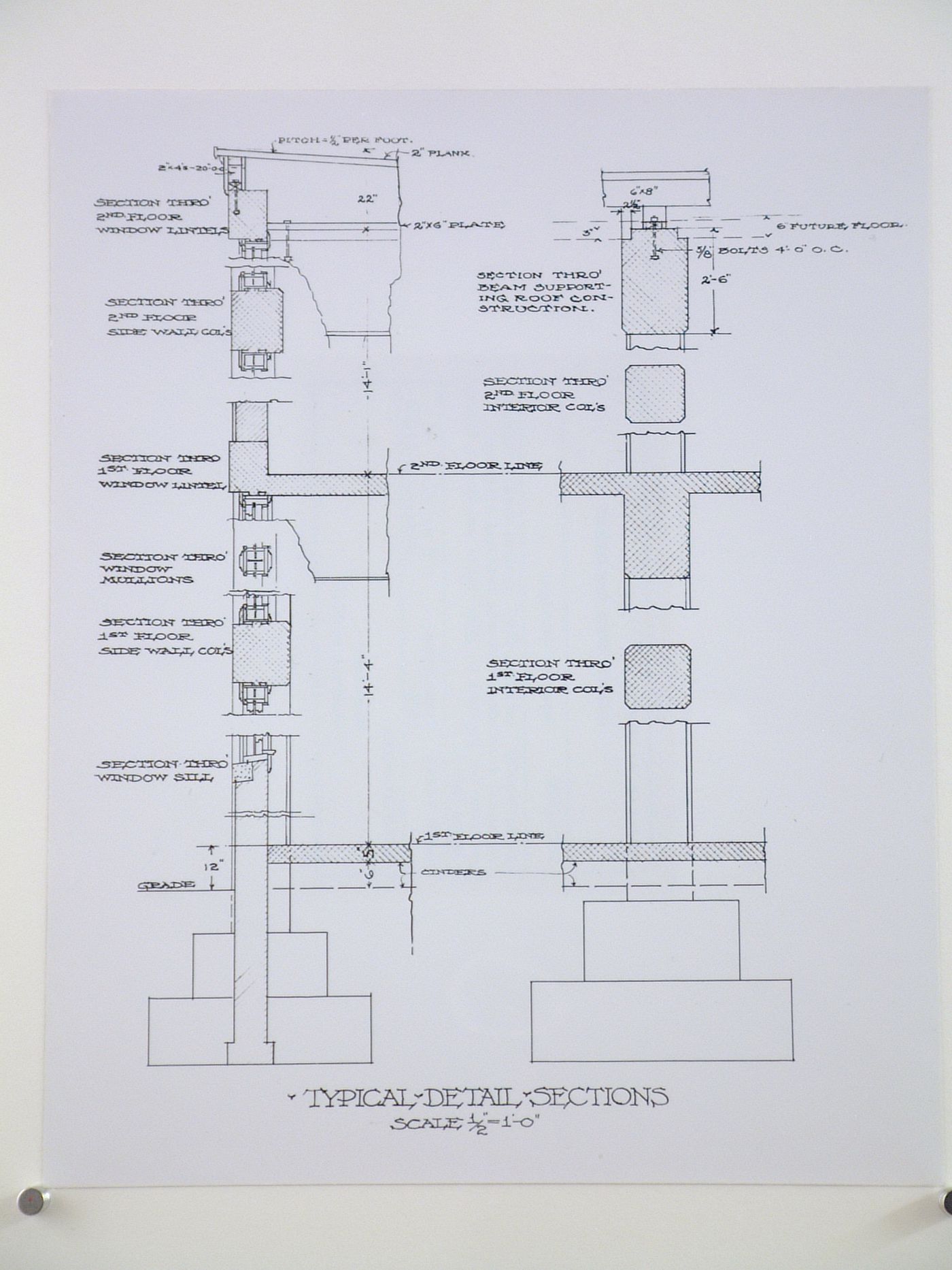 Photograph of a drawing showing sections of a wall and column of Assembly Building No. 10, Packard Motor Car Company Assembly Plant (now abandoned), East Grand Boulevard, Detroit, Michigan