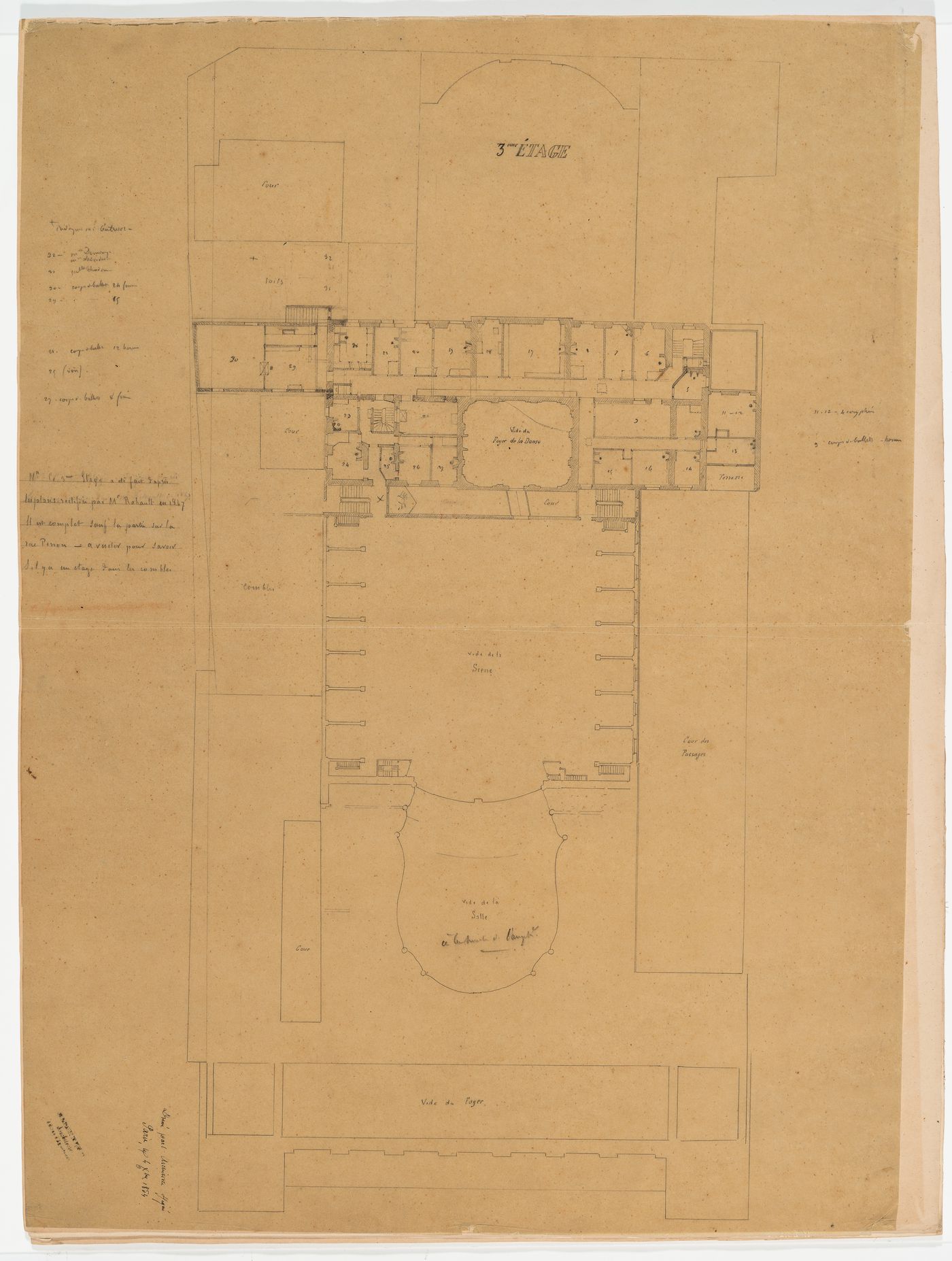 Plan of the "3e étage" with additions for alterations, Salle Le Peletier