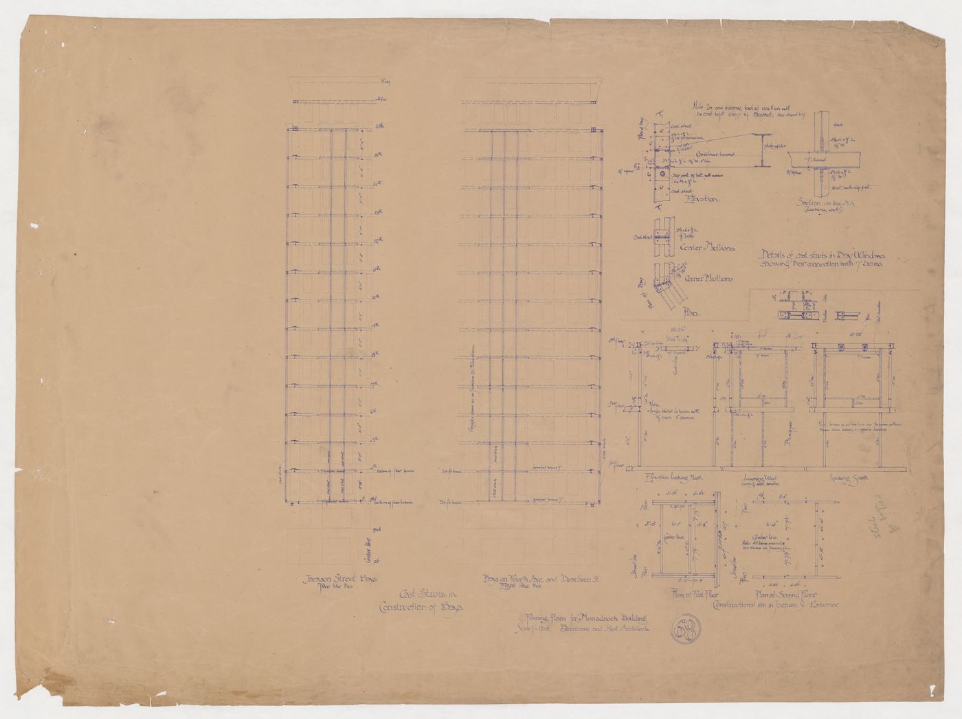 Monadnock Building, Chicago: Elevations showing the cast struts for bay windows with structural details, and plans and elevations for the steel framework for the Jackson Street entrance