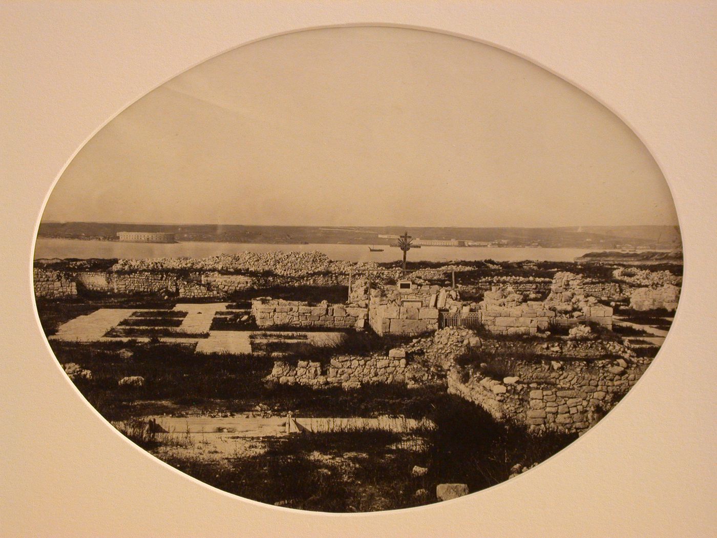 View of ruins with Alexandrovsky Fort [?] in the background, Sevastopol, Russia (now in Ukraine)