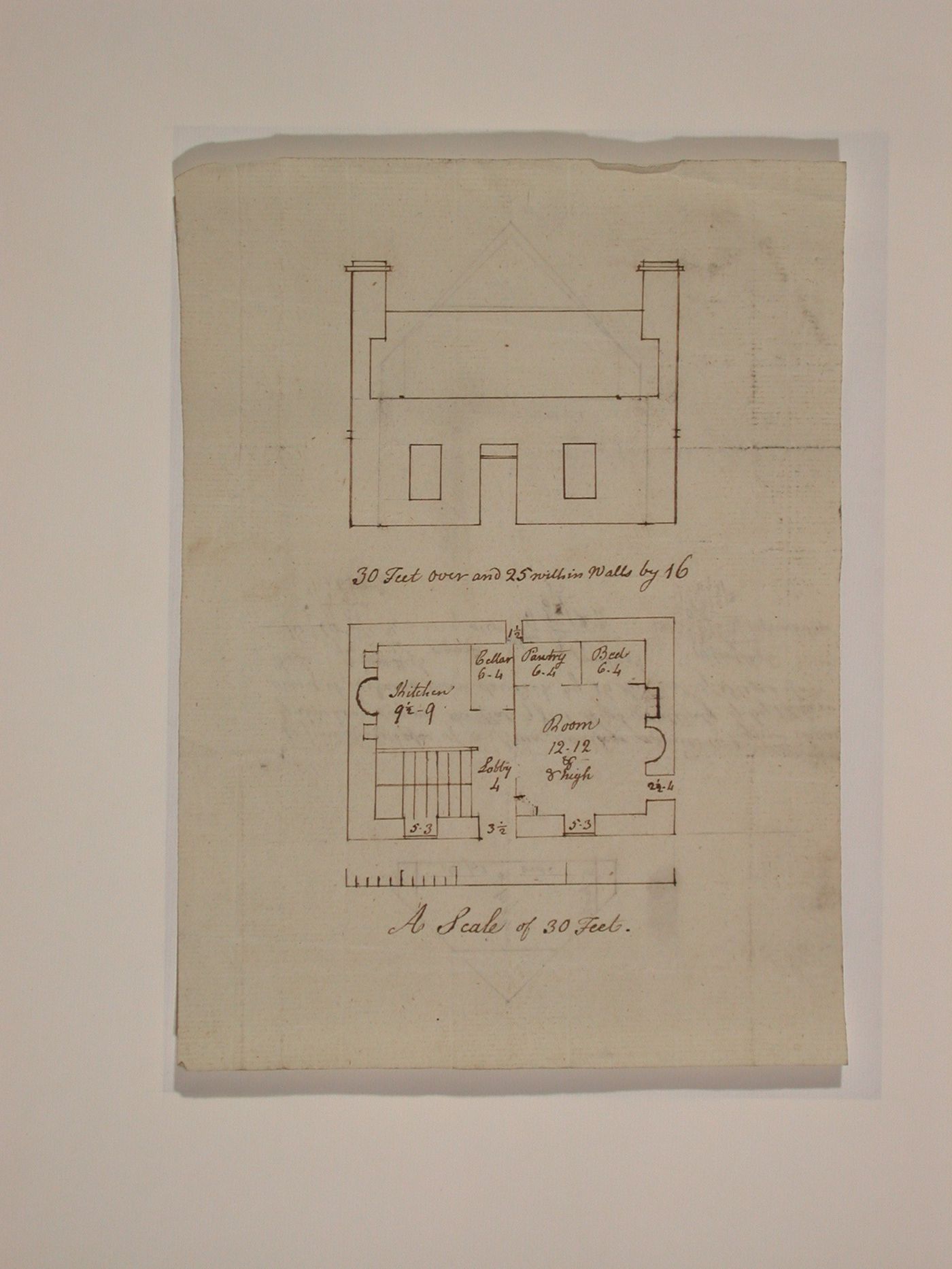 Ground plan and elevation for a house; verso: Roof elevations for a house