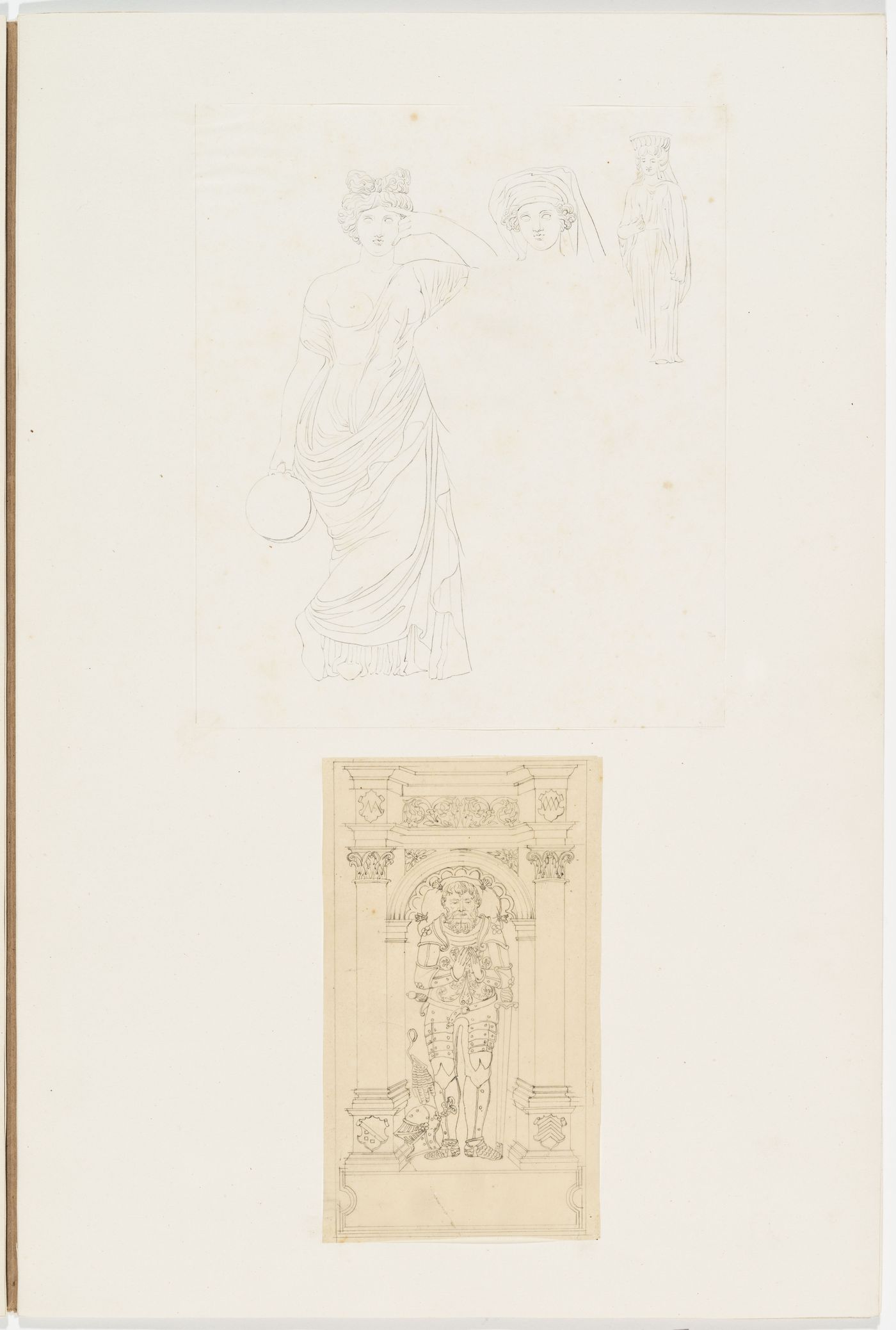 Drawings of two draped female figures, and one female head with a headress, possibly Demeter Cidaria; Drawing of a an armor-clad male statue in a niche, probably a king or warrior saint