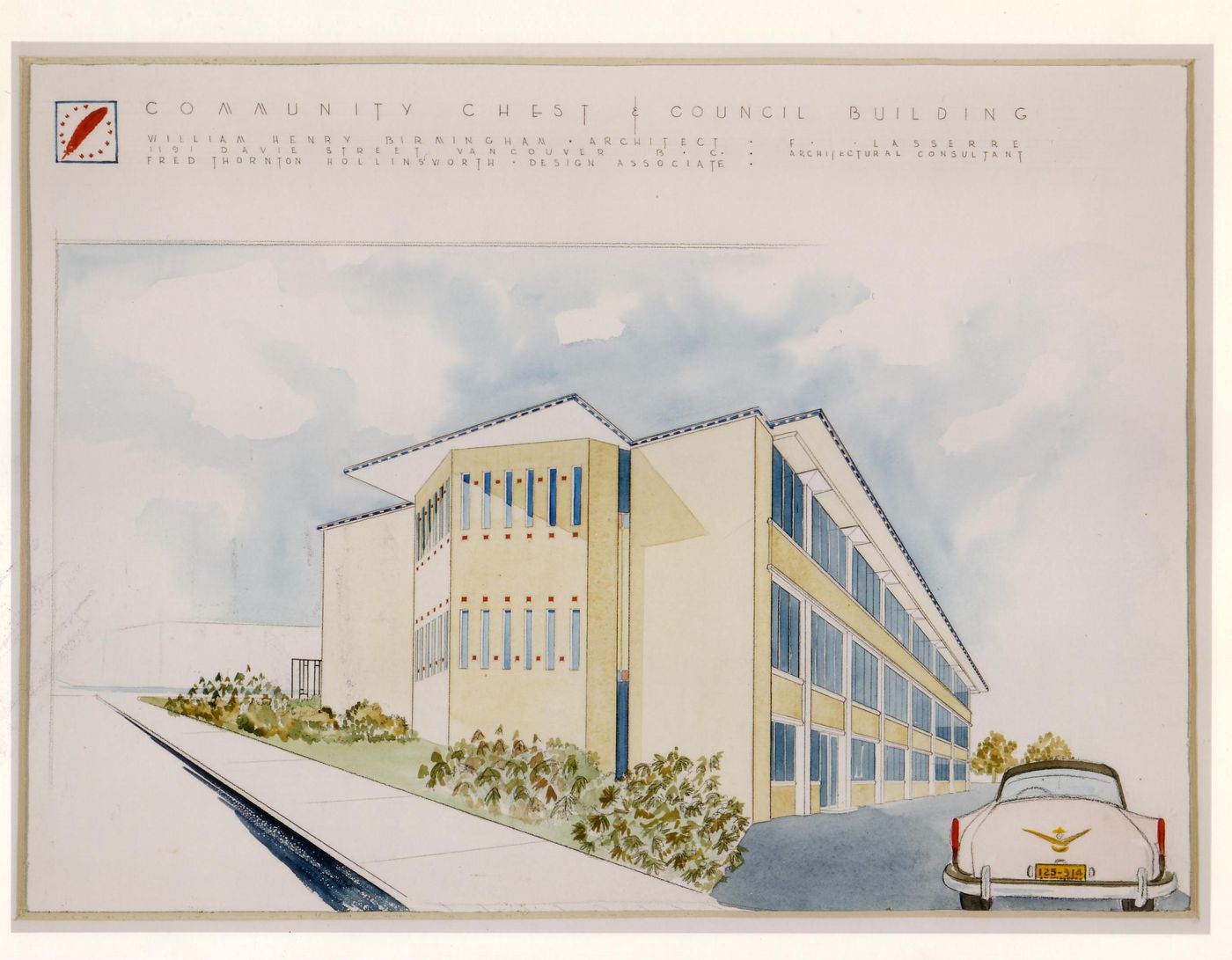 Exterior perspective of entrance facade, Community Chest and Council Building, Vancouver, British Columbia