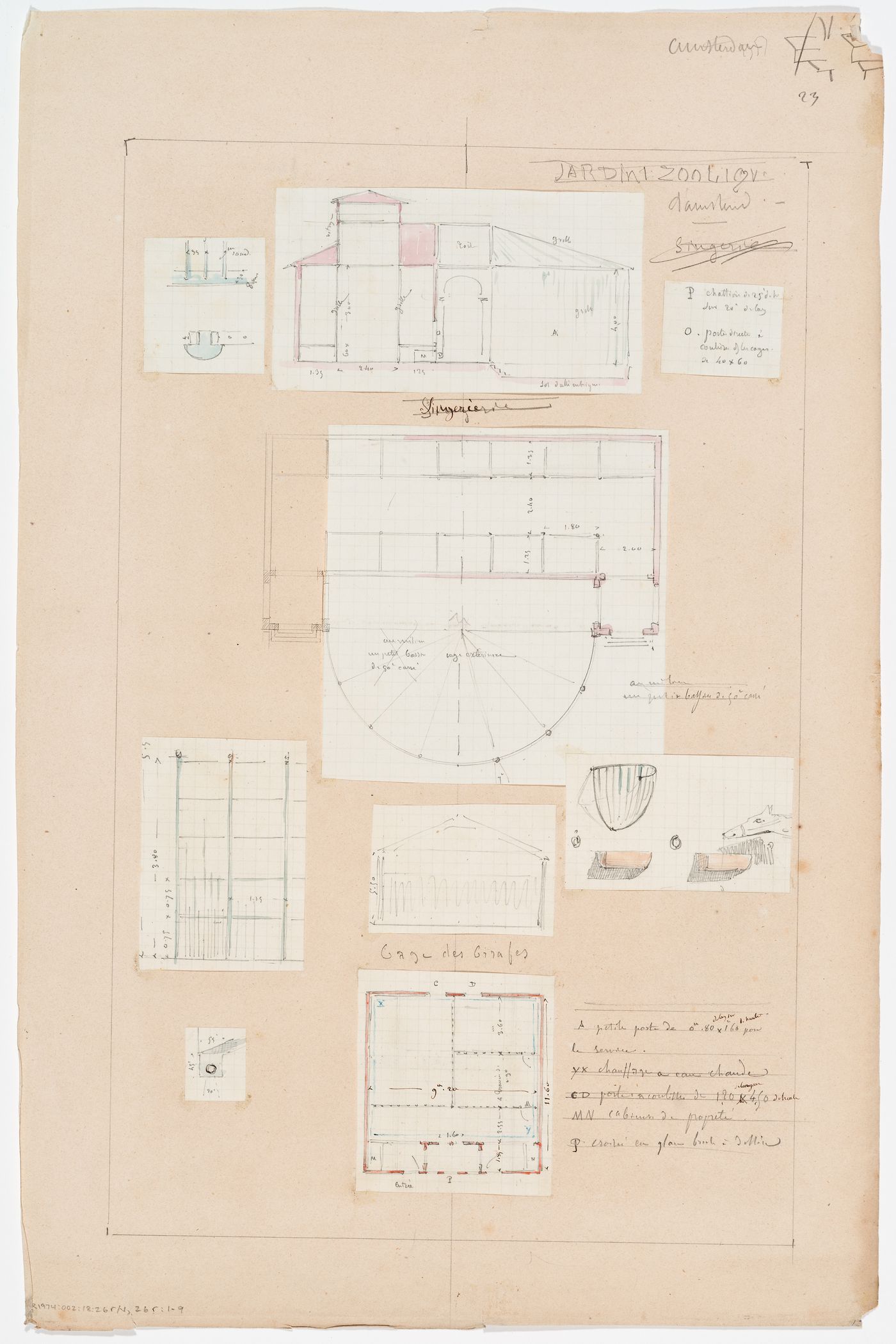 Natura Artis Magistra, Amsterdam: Plan, section, and details of the monkey house, and plan, section and details of the giraffe cage