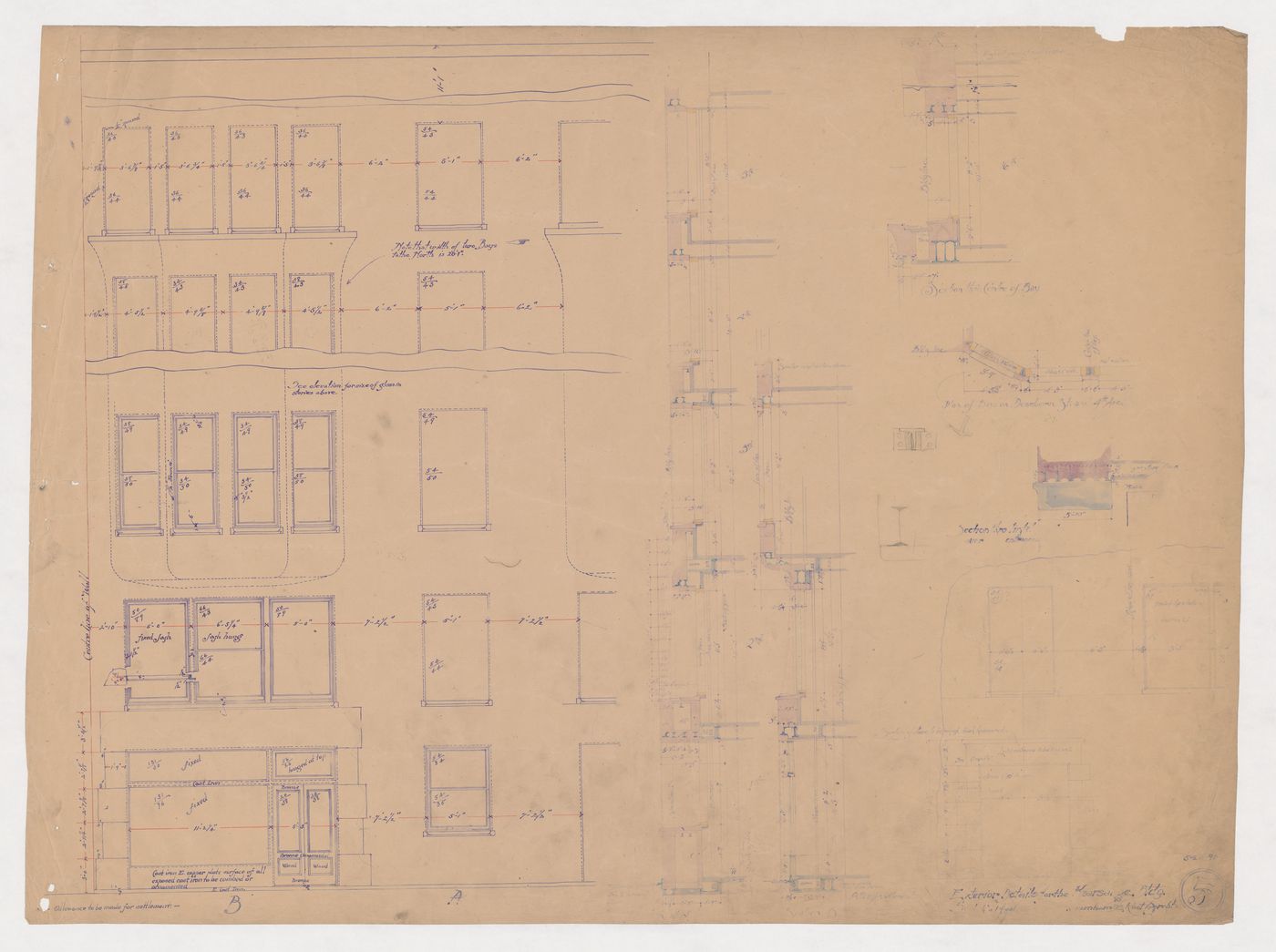 Kearsarge Building, Chicago: Partial elevations and sections with sectional and plan details for the façades and bay windows