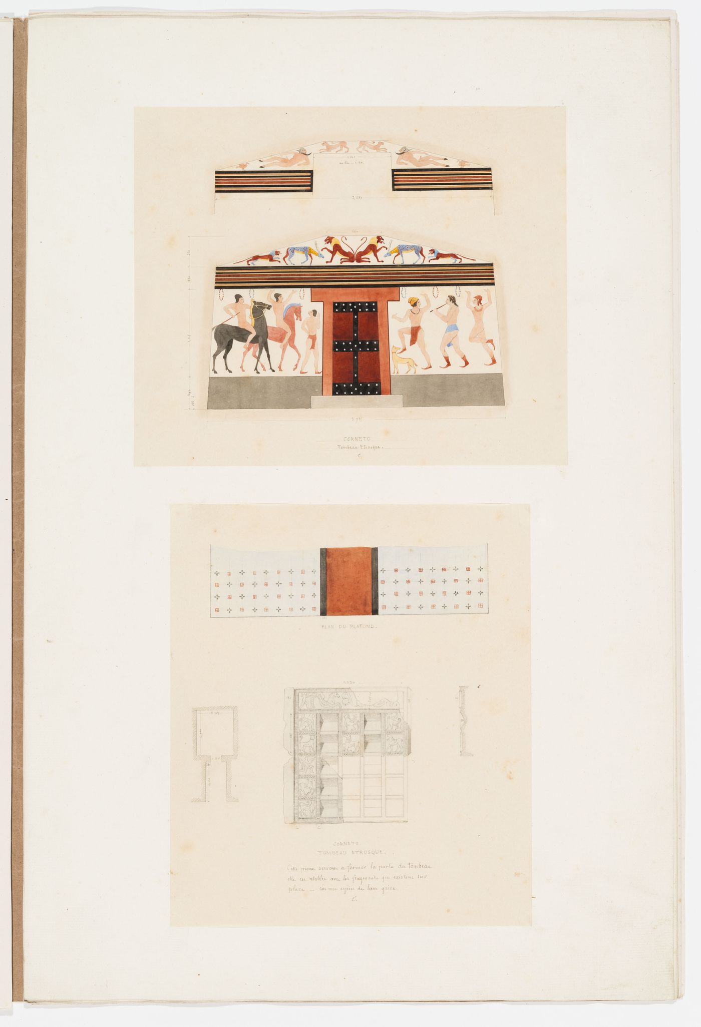 Two drawings of the Etruscan tomb, Tarquina: Interior elevations, floor plan, reflected ceiling plan, detail and profile of the door