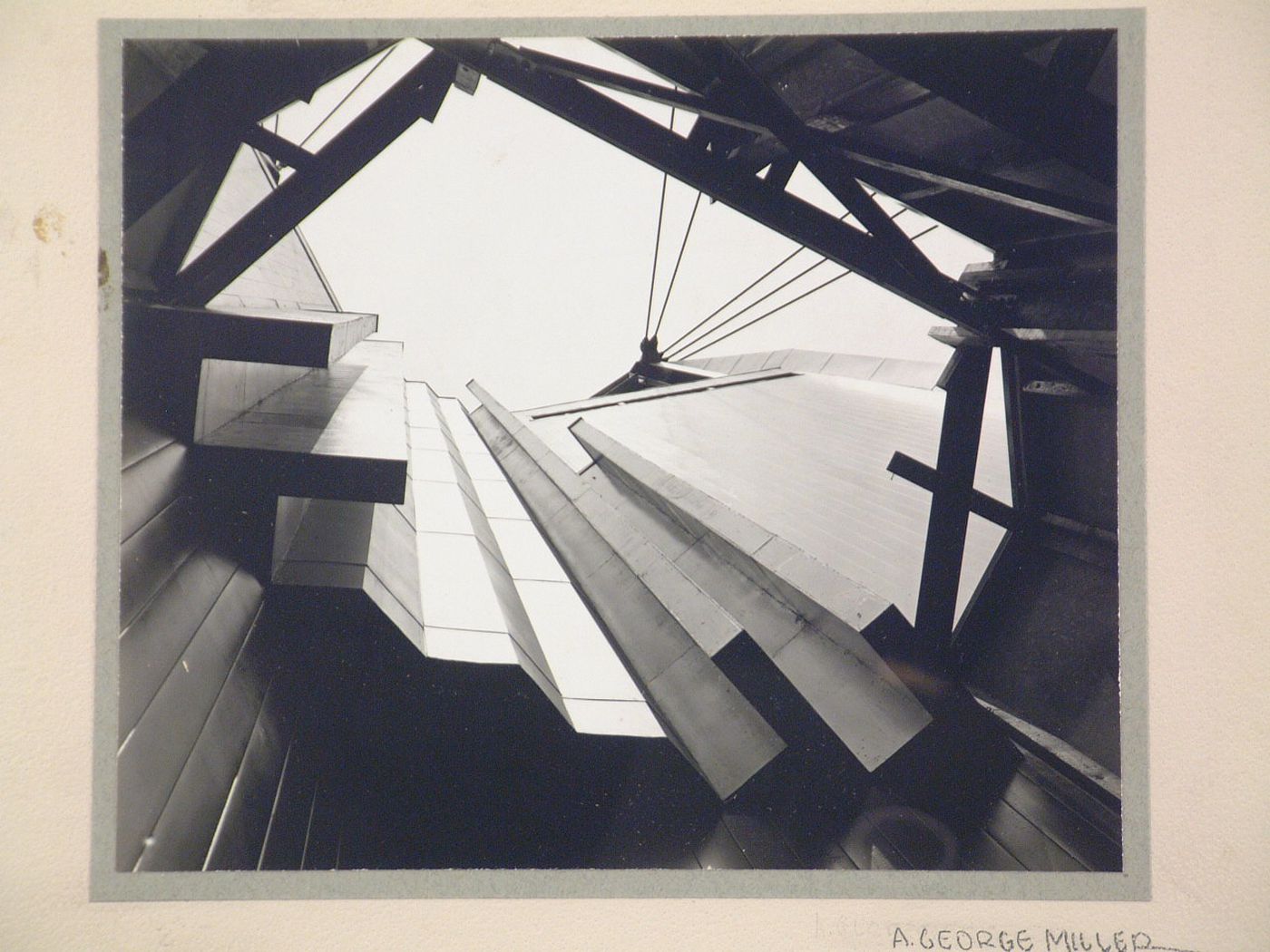 Interior view of the Travel and Transport Building showing the cable structure and roof under construction [?], 1933-1934 Chicago Century of Progress Exhibition, Burnham Park (now Meigs Field), Chicago, Illinois