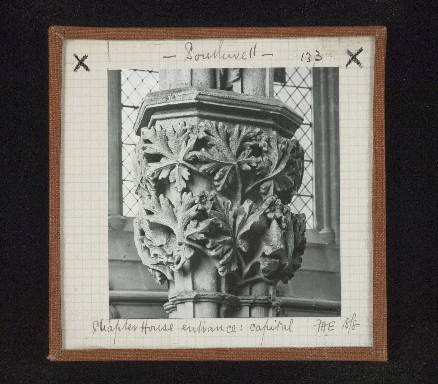 View of capital at the entrance of Chapter House, Southwell Minster, Southwell, Nottinghamshire, England