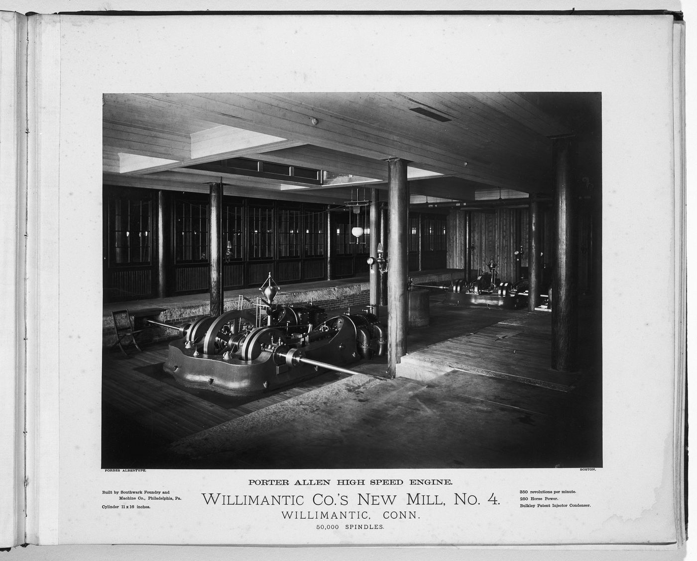 Interior view of the Porter Allen high speed engine in the Willimantic Company’s new mill, no. 4, town of Willimantic, now Windham, Connecticut, United States