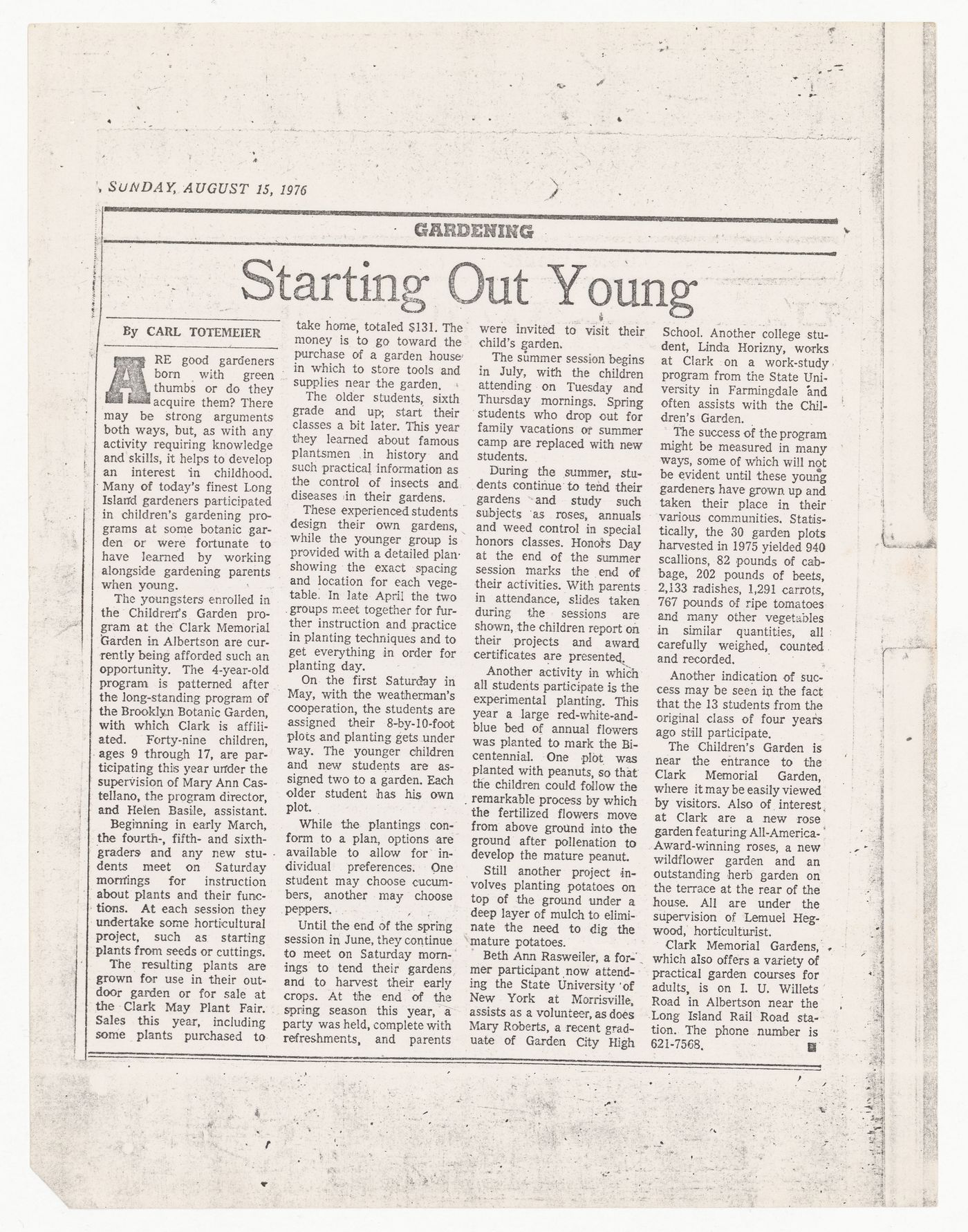 Copy of an article "Starting Out Young" from the Gardening section, The New York Times, by Carl Totemeier